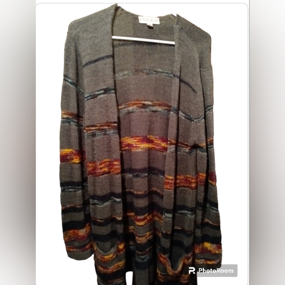 Knox Rose Sweaters - Women's Knox Rose Dark Grey & Multi Color Striped Long Cardigan